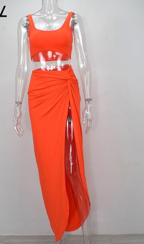 Crop Top And High Split Bandage Long Skirt Sets