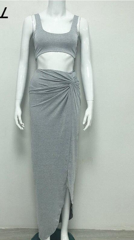 Crop Top And High Split Bandage Long Skirt Sets