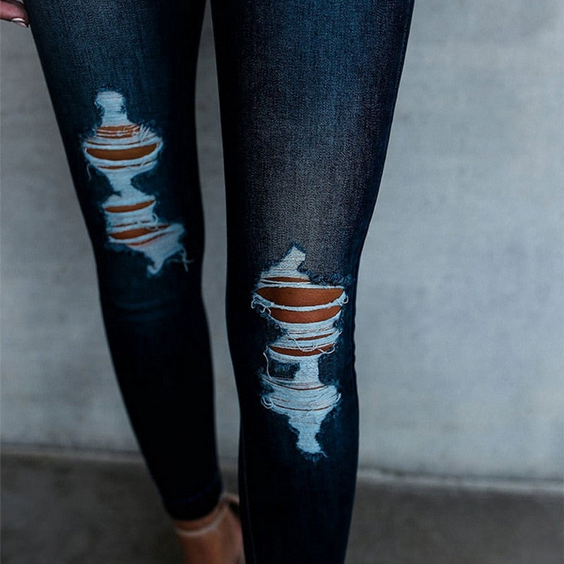 Dark Blue High Waist Slim Hole Ripped Jeans