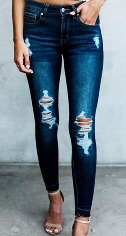 Dark Blue High Waist Slim Hole Ripped Jeans