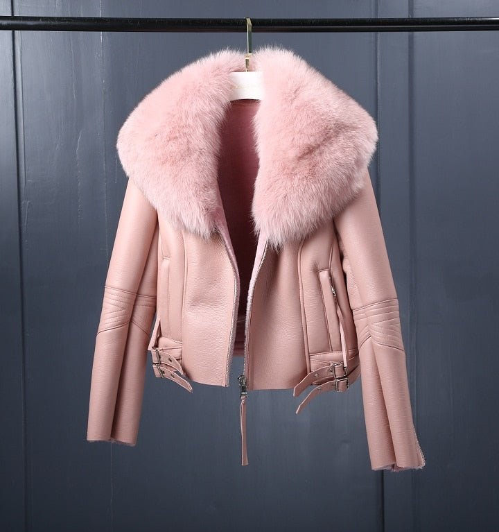 Genuine Leather Jackets Real Fur Collar MOTO Jackets