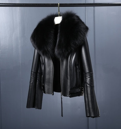 Genuine Leather Jackets Real Fur Collar MOTO Jackets