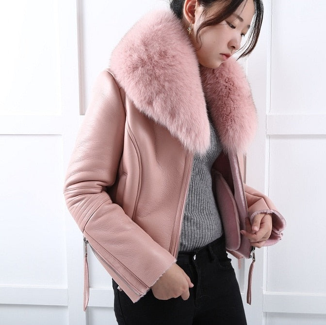 Genuine Leather Jackets Real Fur Collar MOTO Jackets