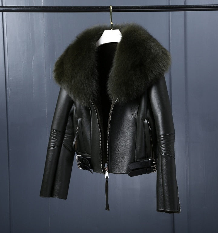 Genuine Leather Jackets Real Fur Collar MOTO Jackets