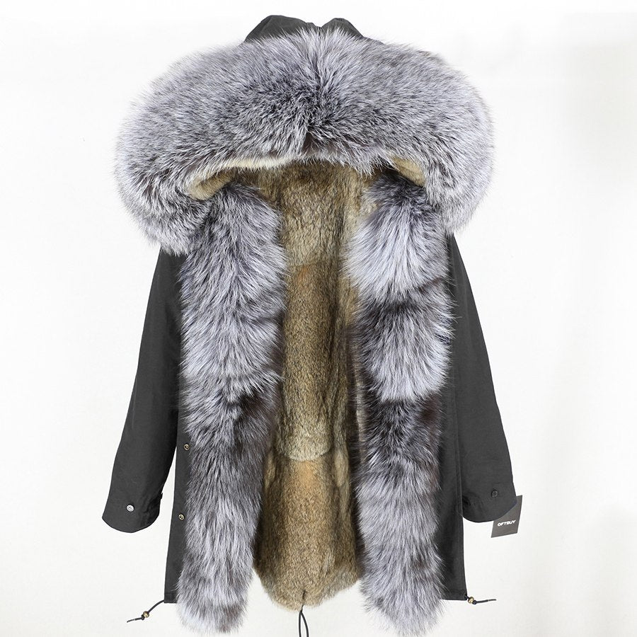 Real Silver Fox Fur Collar Cuff Parka Rabbit Fur Liner Coats