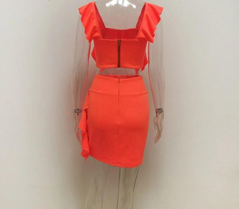 Neon Side Ruffle Crop Top+ Mini Skirts