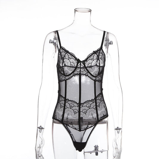 Black Striped Transparent Mesh Bodysuit