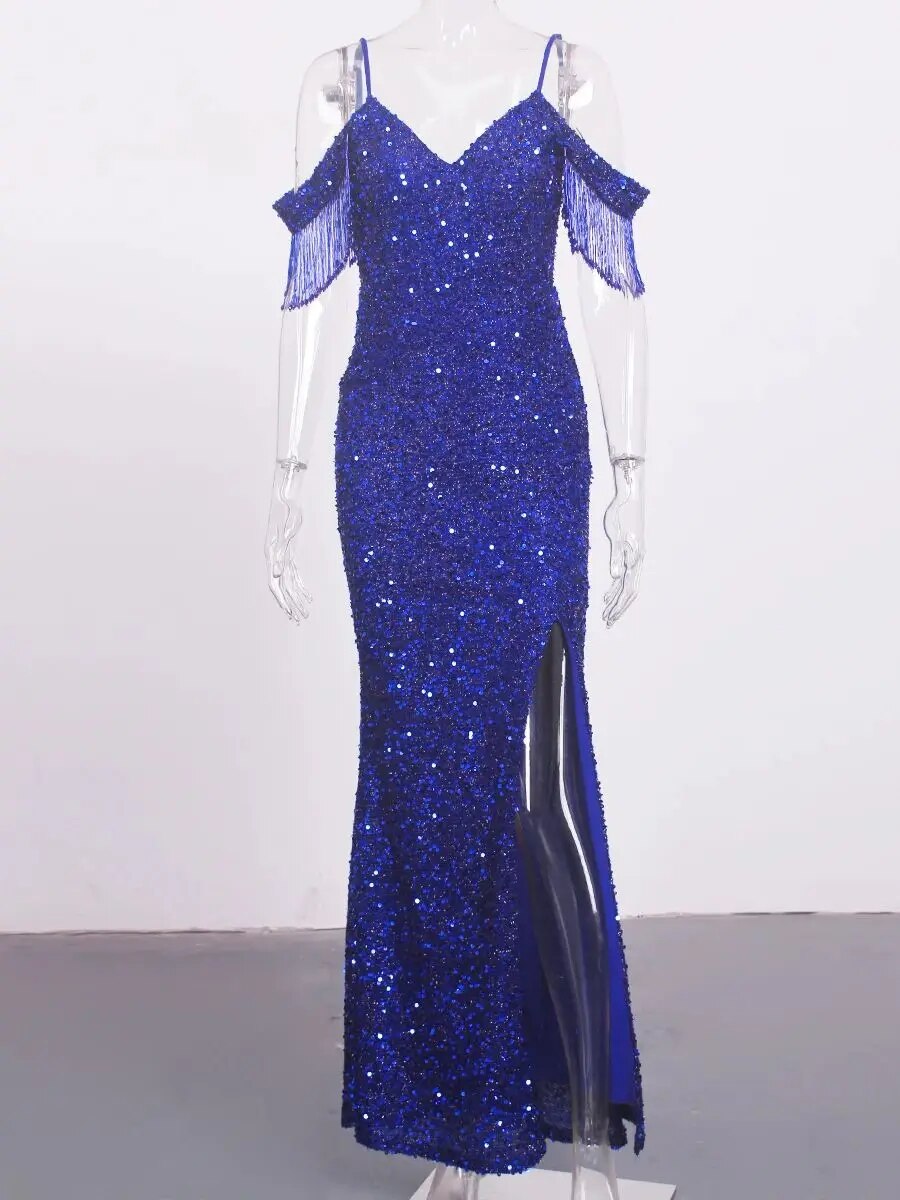 Sequin Off Shoulder Sleeve Beading Maxi Dresses
