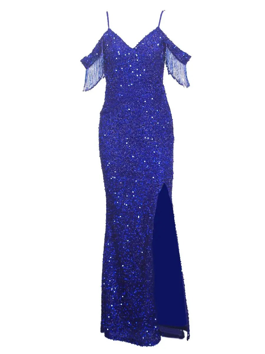 Sequin Off Shoulder Sleeve Beading Maxi Dresses