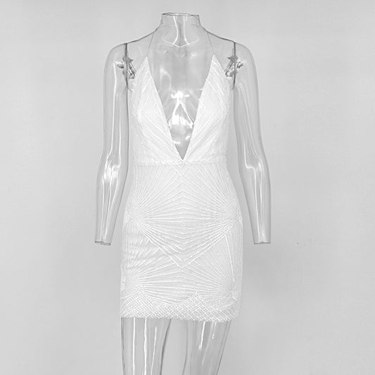 Halter Deep V Sequin Backless Bodycon Mesh Mini Dresses