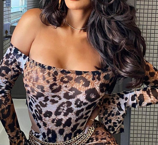 Off Shoulder Leopard Print Long Sleeve Bodysuits + Leggings Set