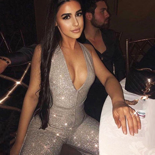 Sparkle Strap Deep V Backless Sleeveless Thin Jumpsuits