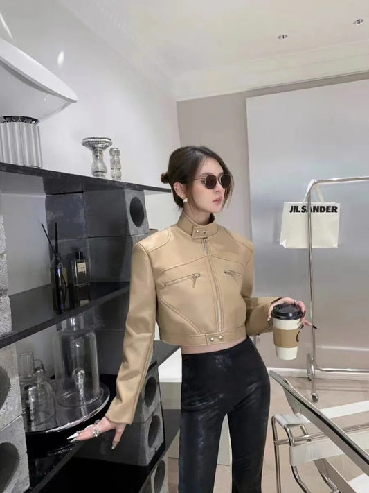 Short Pu Leather Jackets Stand Collar