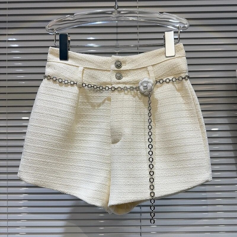 Pearl Flower Double Buttons Waist Chain Tweed Shorts