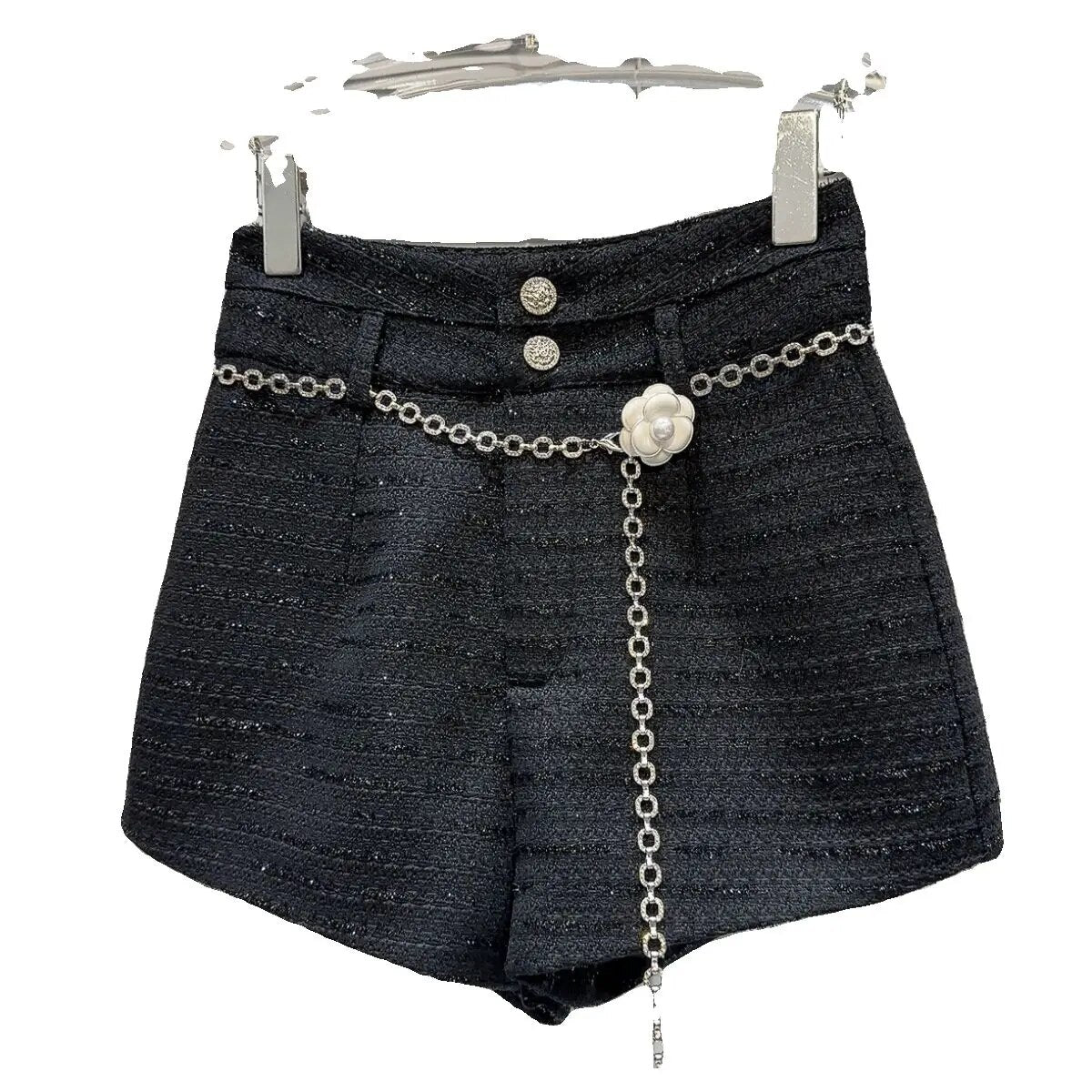 Pearl Flower Double Buttons Waist Chain Tweed Shorts