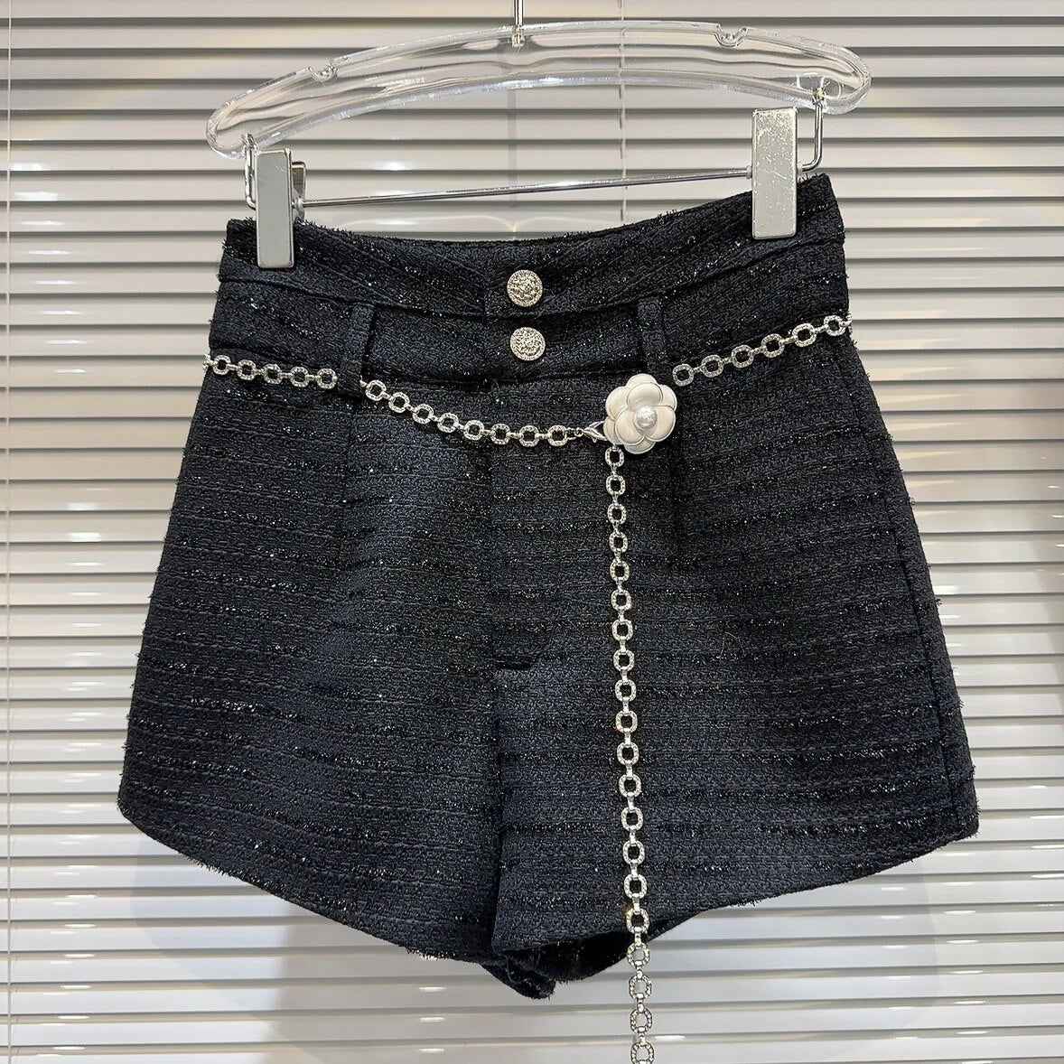 Pearl Flower Double Buttons Waist Chain Tweed Shorts