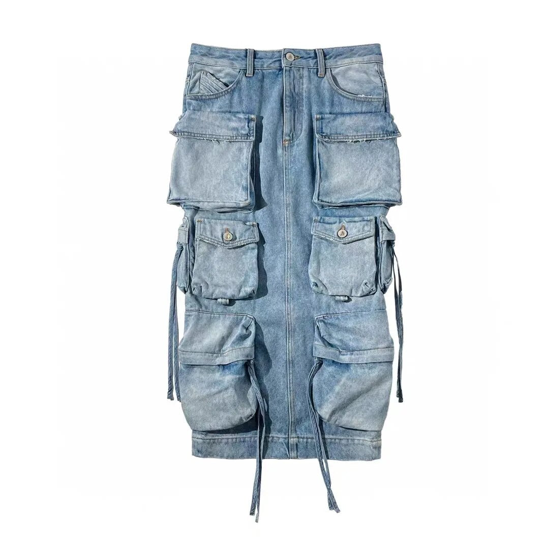 Light Blue Multi Pockets Distressed Denim Skirt