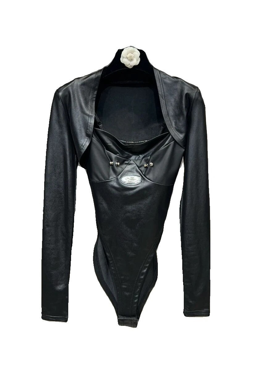 Pu Style Sleeveless Bodysuits & Crop Top Set