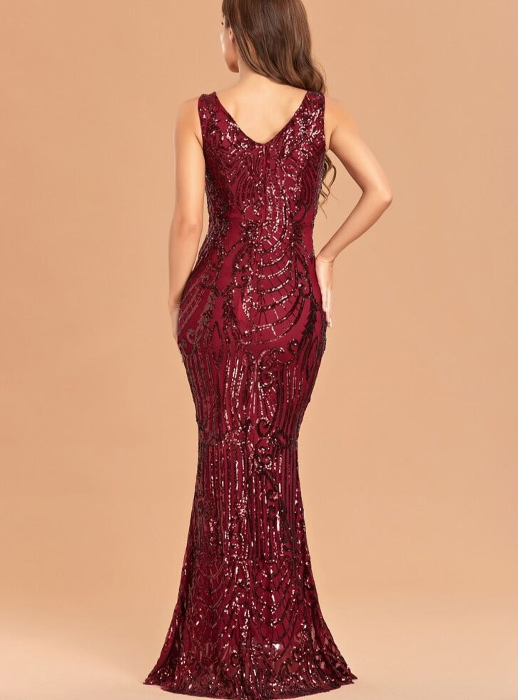 V Sequin Sleeveless Trumpet Maxi Dress