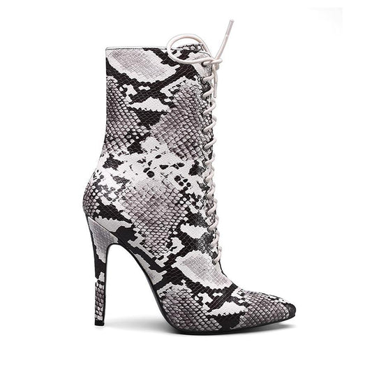 Snake Print Above Ankle High Heels Boots