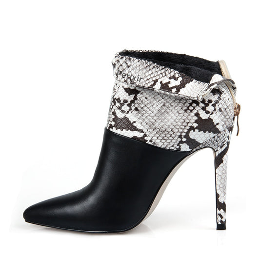 Half Snake Skin Ankle High Heel Boots