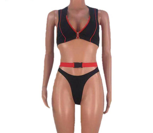 Zipper Striped Crop Top Belt Buckle Thong Bikini Sets