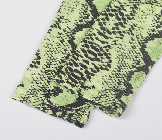 Neon Green Snake Print Long Sleeve High Cut One Pcs