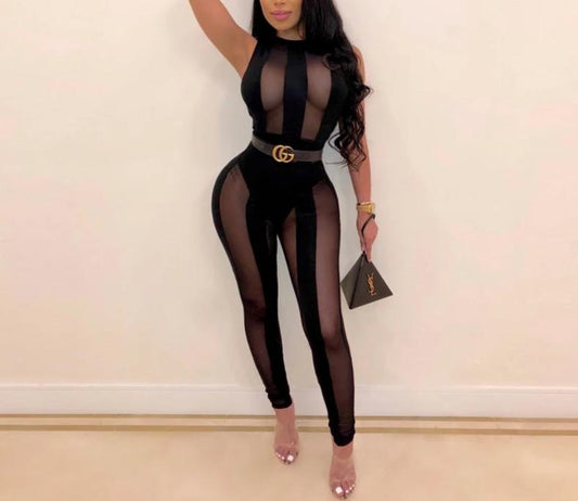 Black Mesh Stripe Transparent Sleeveless Bodycon Jumpsuit