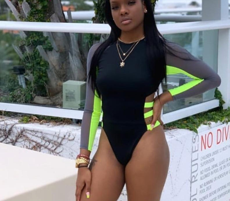 Mesh Patchwork Long Sleeve Side Bandage One Pcs