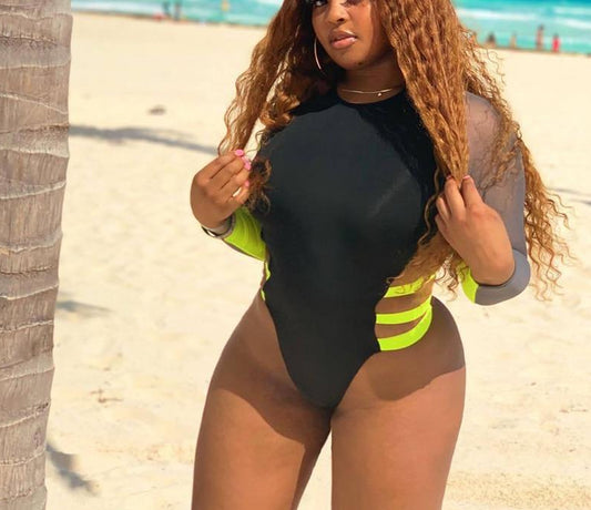 Mesh Patchwork Long Sleeve Side Bandage One Pcs