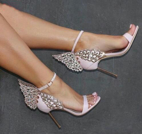 Butterfly Wings Open Toe Buckle Strap High Heels Pink/Silver