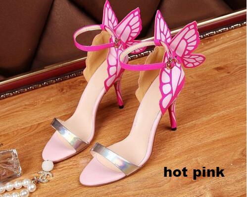Butterfly Wings Open Toe Buckle Strap High Heels Pink/Silver