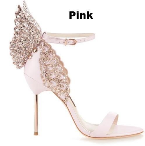 Butterfly Wings Open Toe Buckle Strap High Heels Pink/Silver
