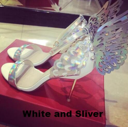 Butterfly Wings Open Toe Buckle Strap High Heels Pink/Silver