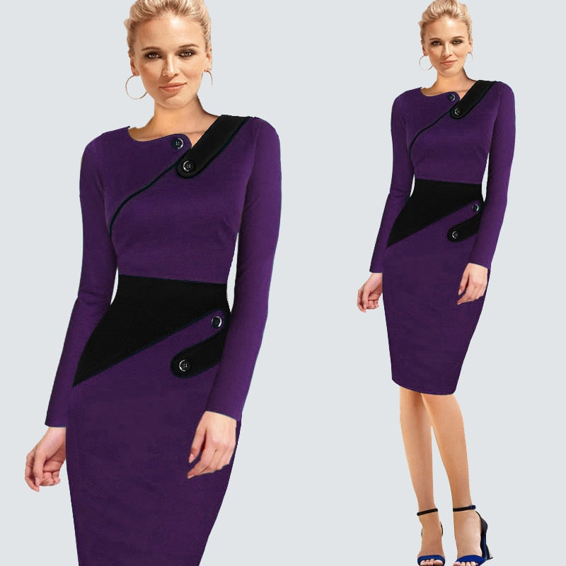 Long Sleeve Casual Bodycon Business Dress (Multi-Colors)