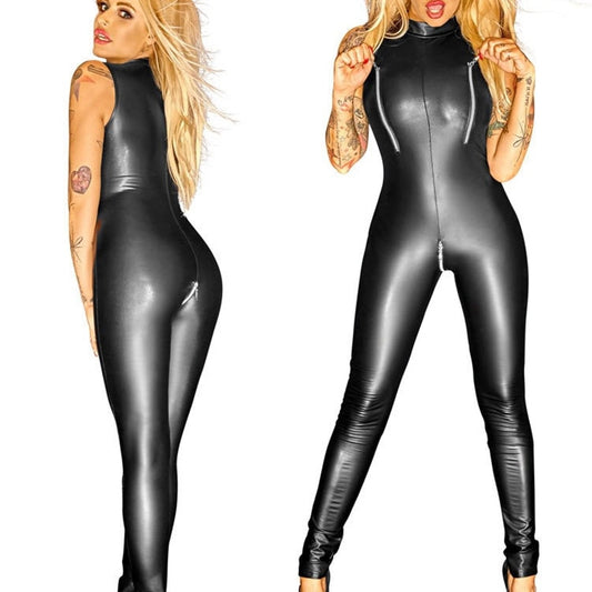 Pu Leather Zipper Breast Crotch Jumpsuits