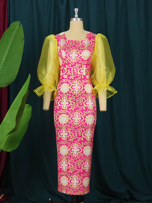 Vintage Print Puff Sleeves Pencil Dress