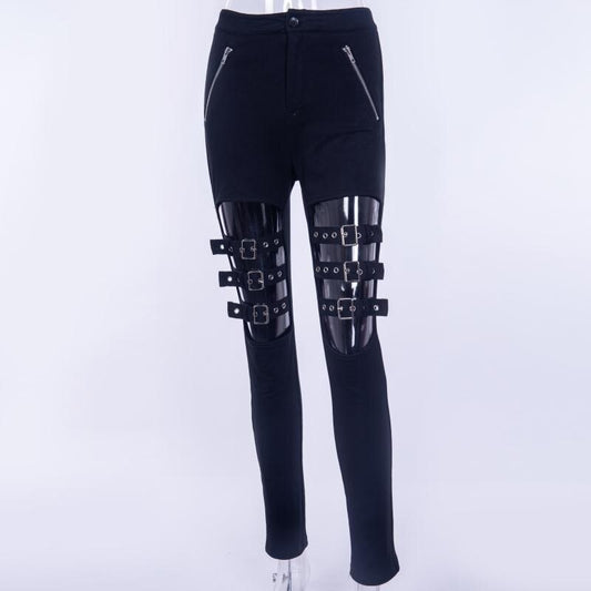 Black High Waist Hollow Out Adjustable Thigh Buckle Pants