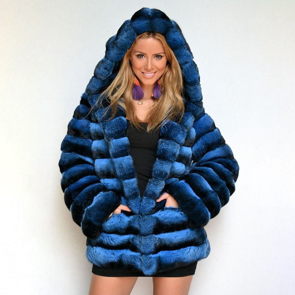 Blue Real Rabbit Fur Hooded Coats