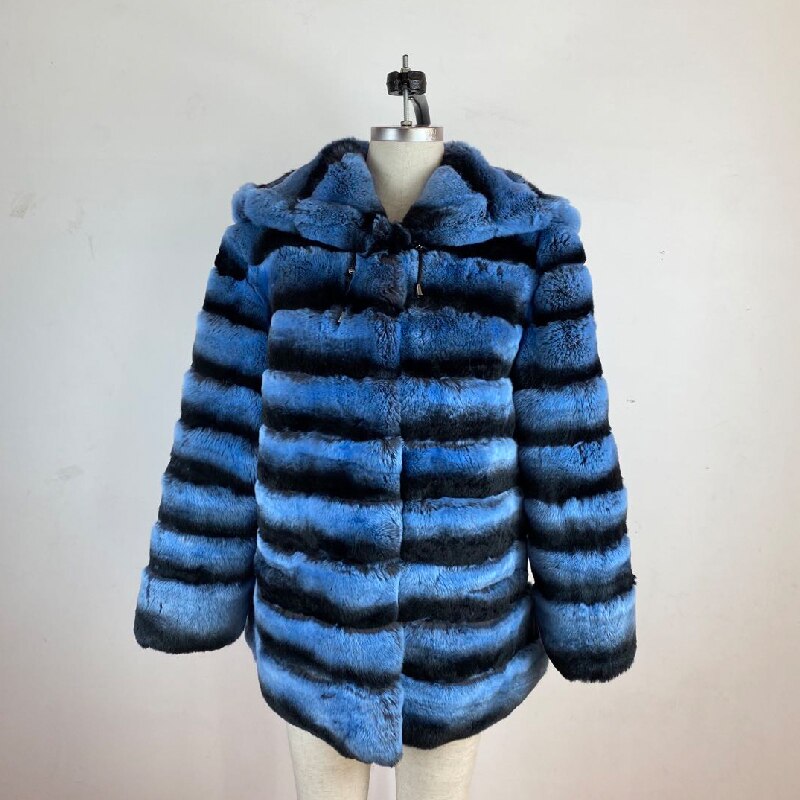 Blue Real Rabbit Fur Hooded Coats