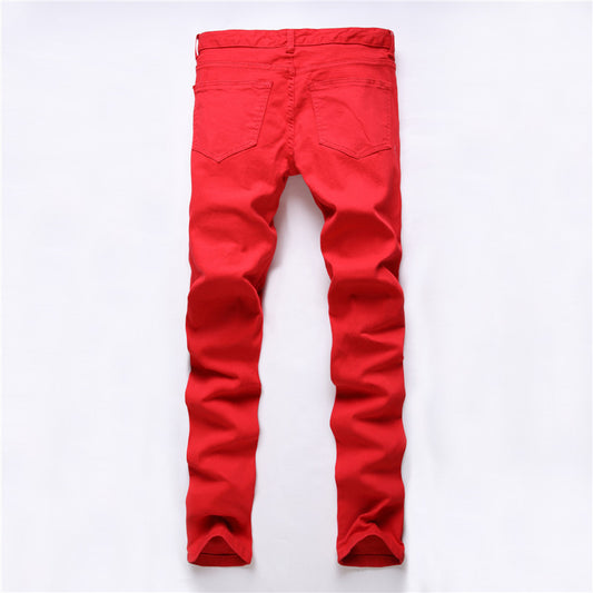 Ripped Denim Knee Hole Zipper Biker Jeans (Red, White, Black)