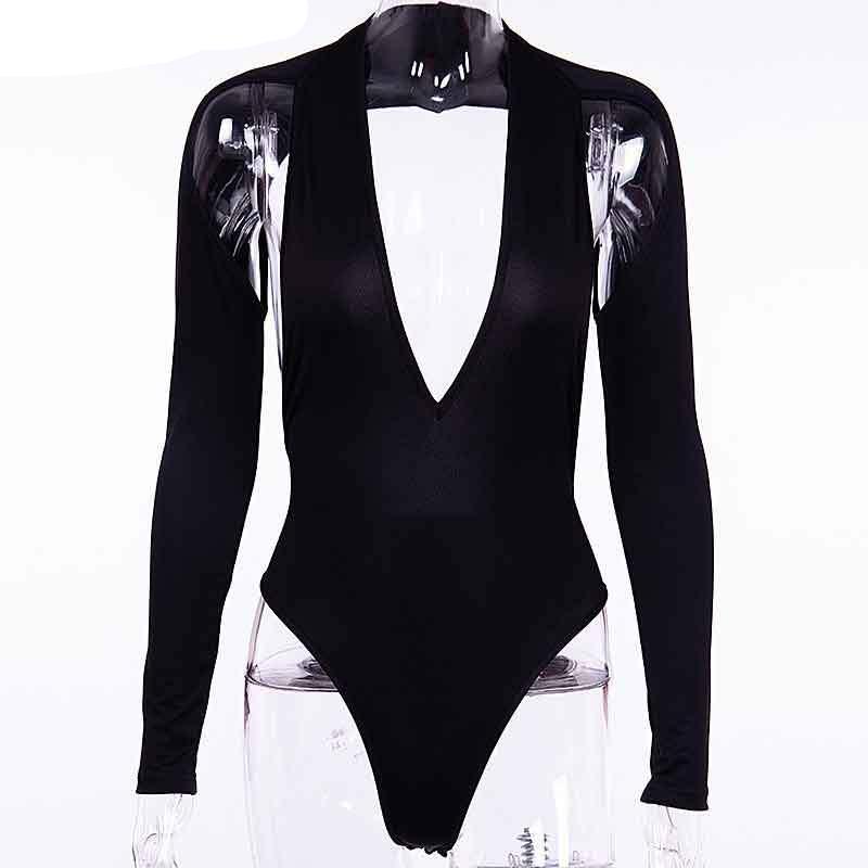 Deep V Neck Backless Long Sleeve Bodysuit