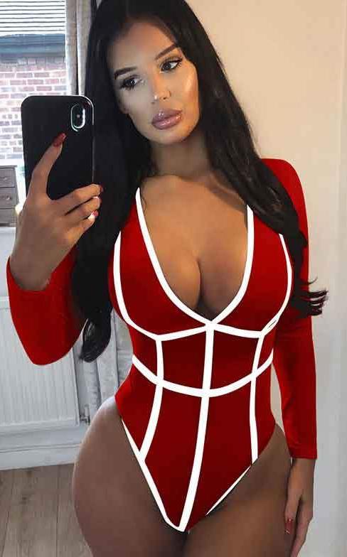 Deep V Neck Striped Long Sleeve Bodysuits