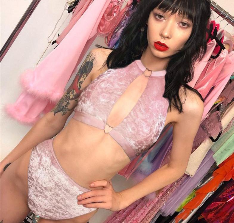 Pink Hollow Halter Backless Velvet Crop Top