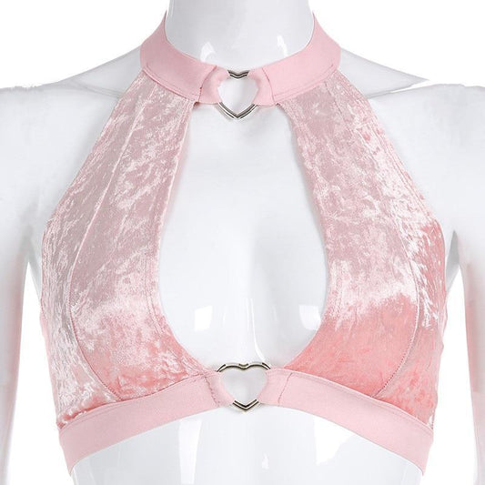 Pink Hollow Halter Backless Velvet Crop Top