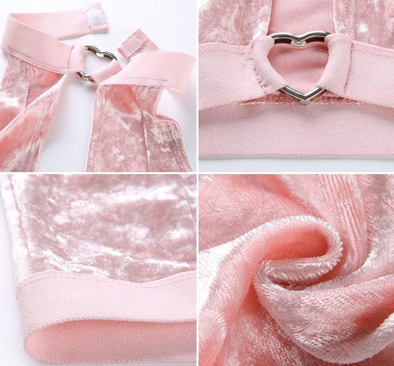 Pink Hollow Halter Backless Velvet Crop Top