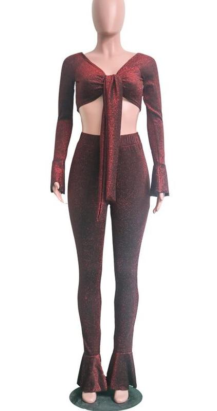 Off Shoulder Bandage Crop Flare Sleeve and Pants Sets