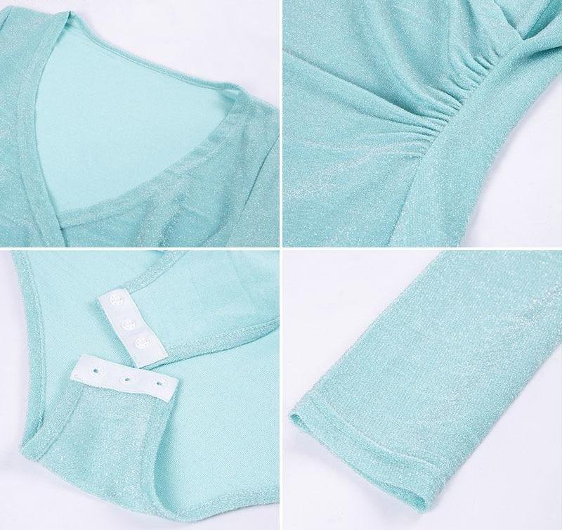 Sparkly Deep V Neck Glitter Long Sleeve Bodysuit (Multi-Colors)
