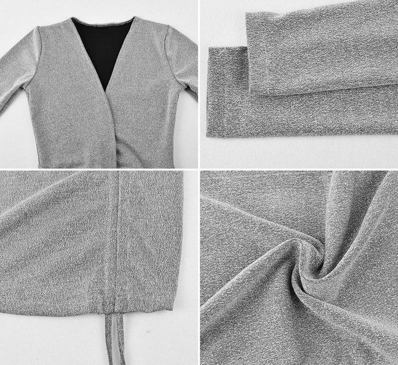 Sparkly Drawstring Ruched Deep V Neck Long Sleeve Mini Dresses