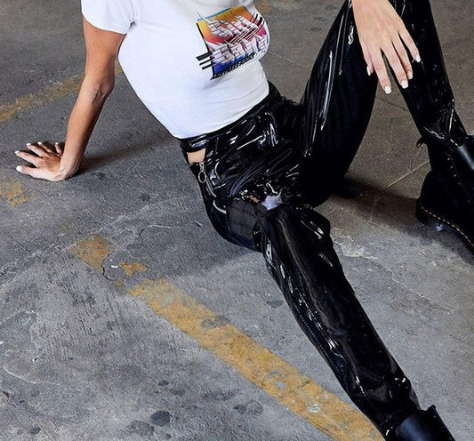 PU Leather Hollow Side Zipper High Waist Pants